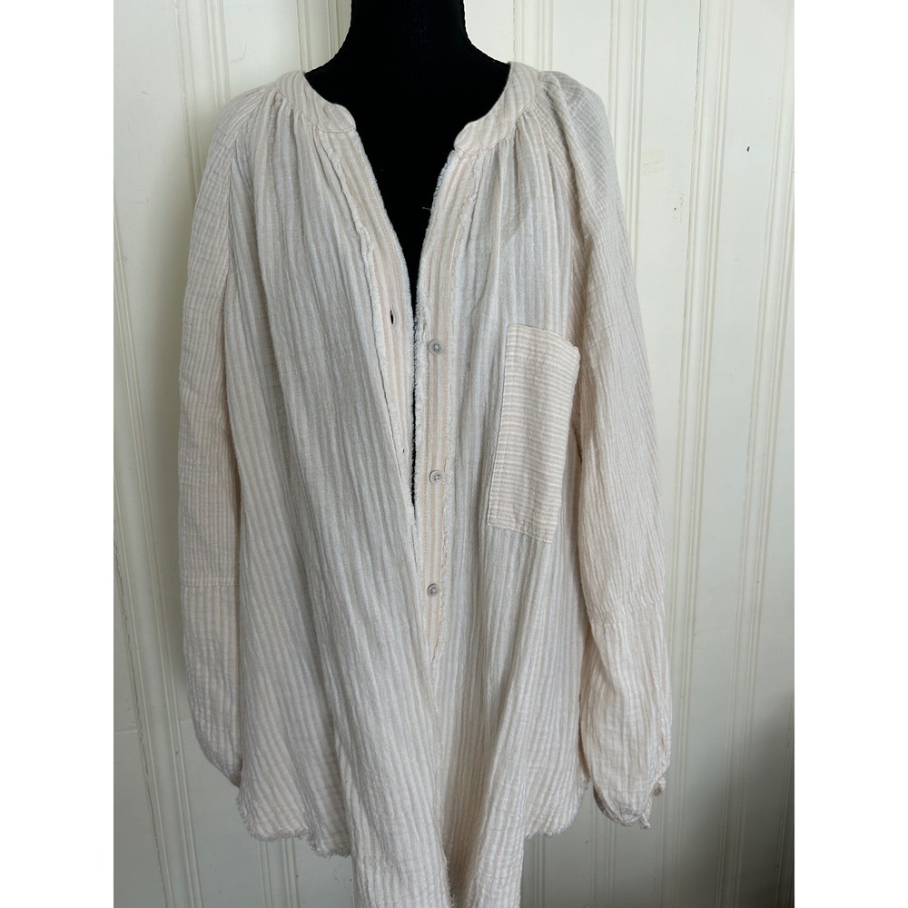NWT Aerie Women Large Beige White Striped Cotton Gauze Button Up Shirt Coastal